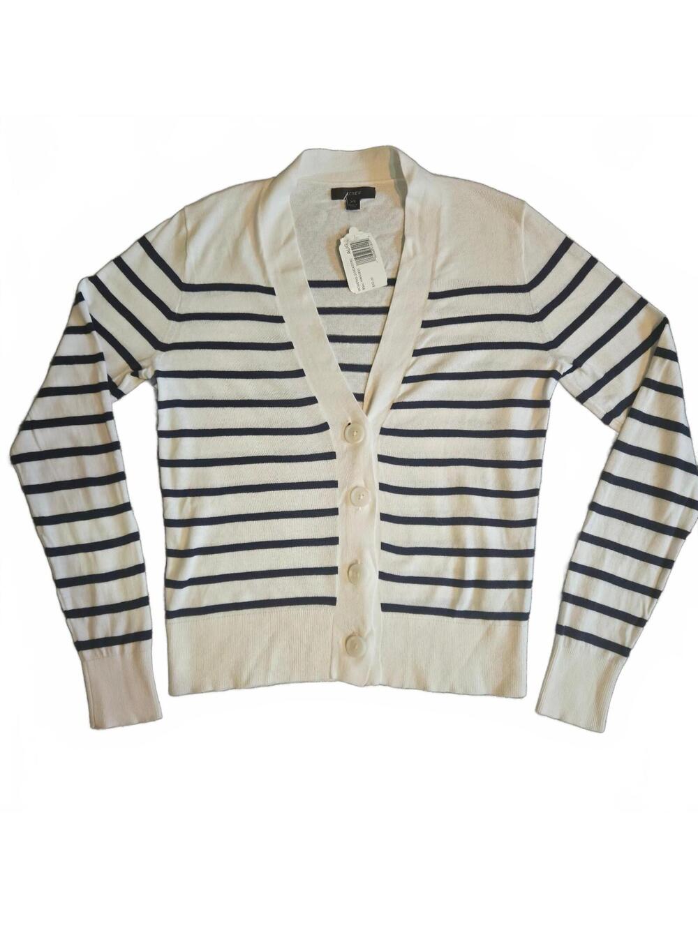 J.Crew Women's XS White Navy Striped Button-Up Cardigan Sweater